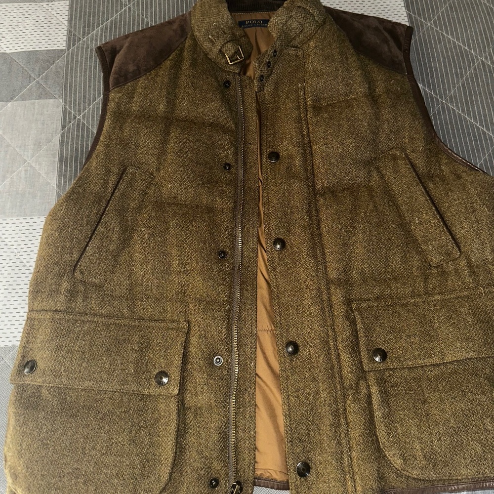 Ralph Lauren Green Tweed & Brown Microsuede Hunting Vest (XXL)
